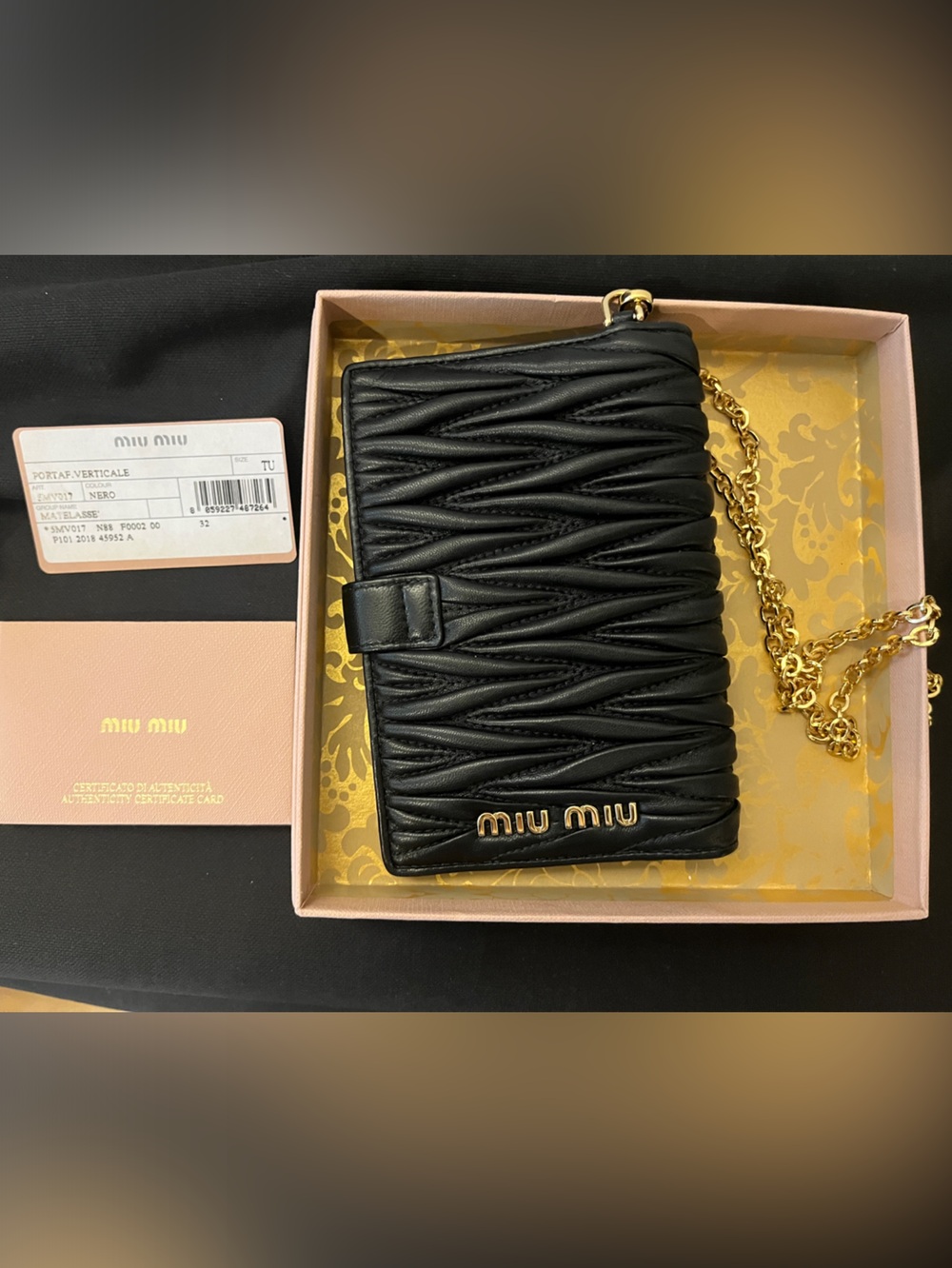 Miu Miu Black Matelassé Leather Chain wallet with Gold Hardware full set